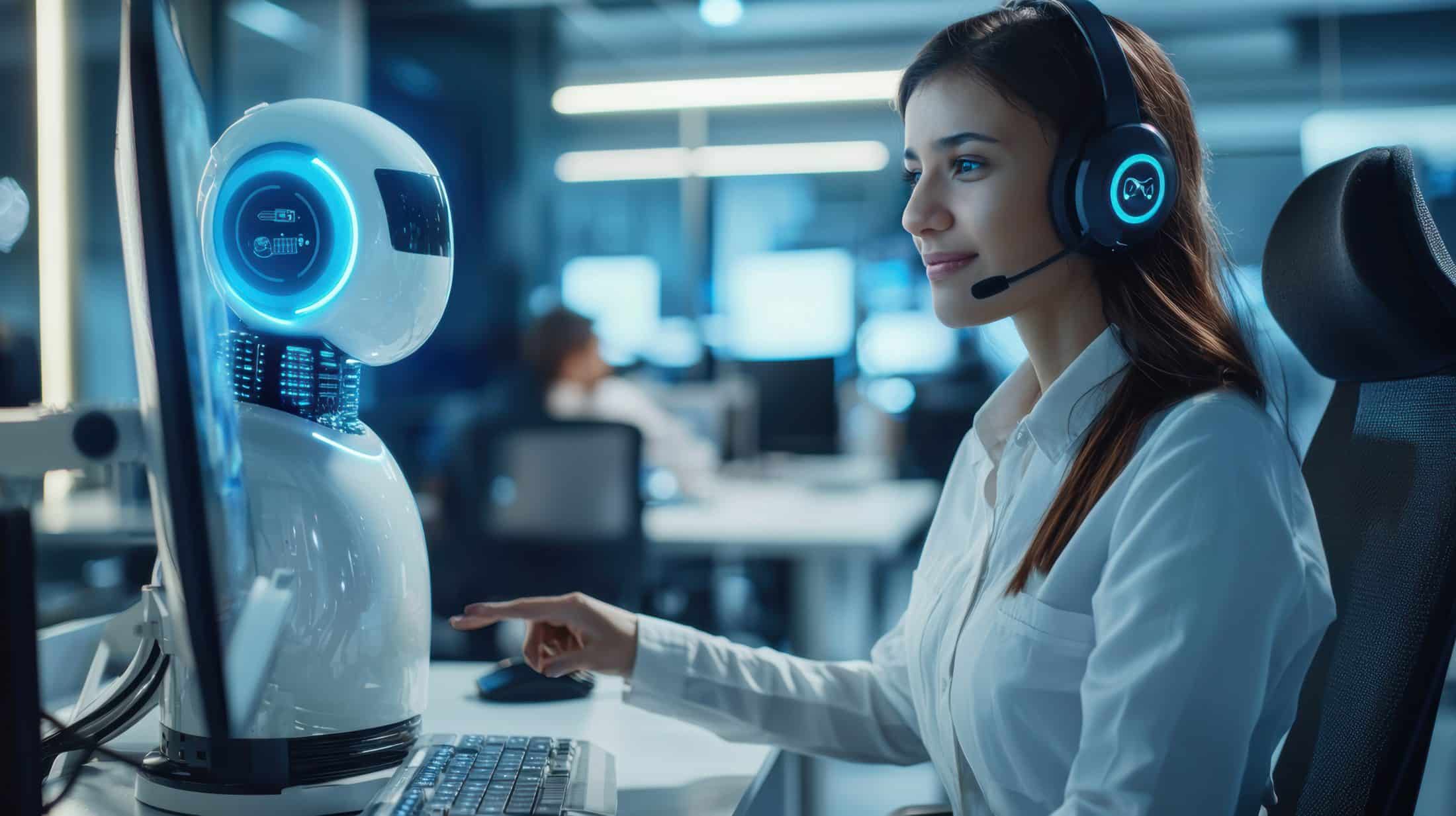 Agente virtual con IA atendiendo llamadas mediante un voicebot en un Contact Center moderno.